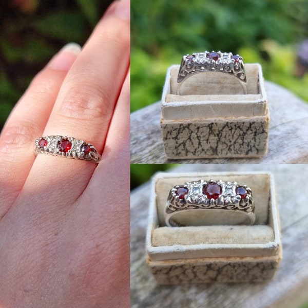 vintage Garnet Diamond 925 Silver Hallmarked Trilogy Ring, vintage Garnet Ring, Dark Red Garnet Ring, Trinity Ring