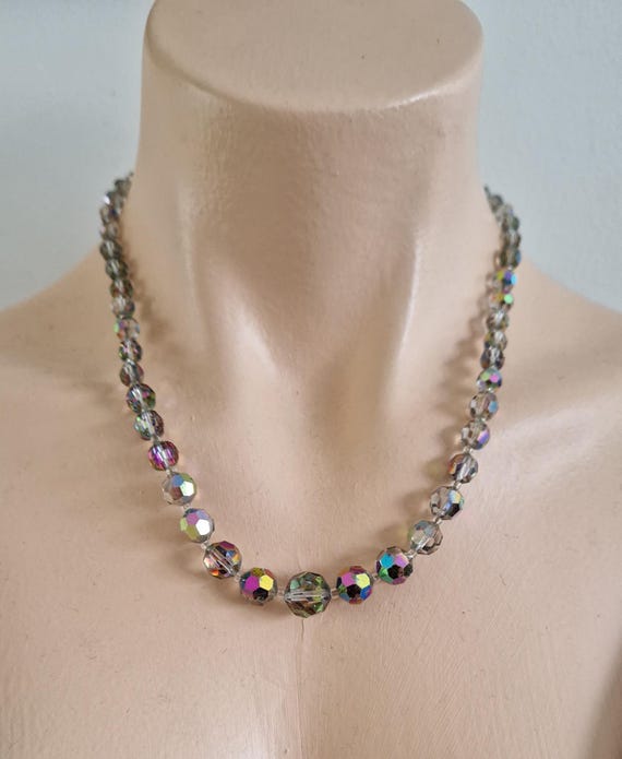 Collier Vintage Années 50 - 2 Rangs En Perles De Verre Facettées Irisées - Bijou Ancien Pour Femme