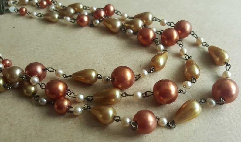 Vintage Multi-strand Necklace Gold Copper Faux Pearl Glass Beads 1950s