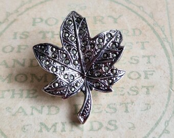 Vintage Silver Tone Marcasite Maple Leaf Brooch, Autumn Leaf Pin, Sparkling Marcasite Jewellery