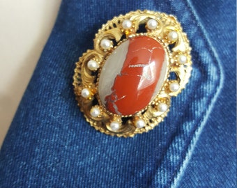 Vintage Jasper Stone Brooch, Red Orange Brooch, Faux Seed Pearl Gold Tone Etruscan Style  Victorian Revival Brooch Pin