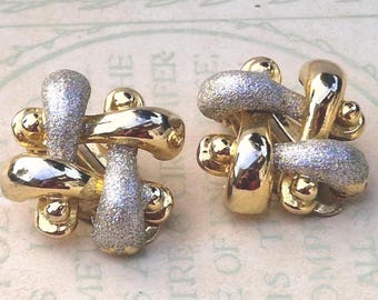 Vintage 1980s Chunky Gold & Silver Tone Clip-On Earrings -  Geometric Statement Design