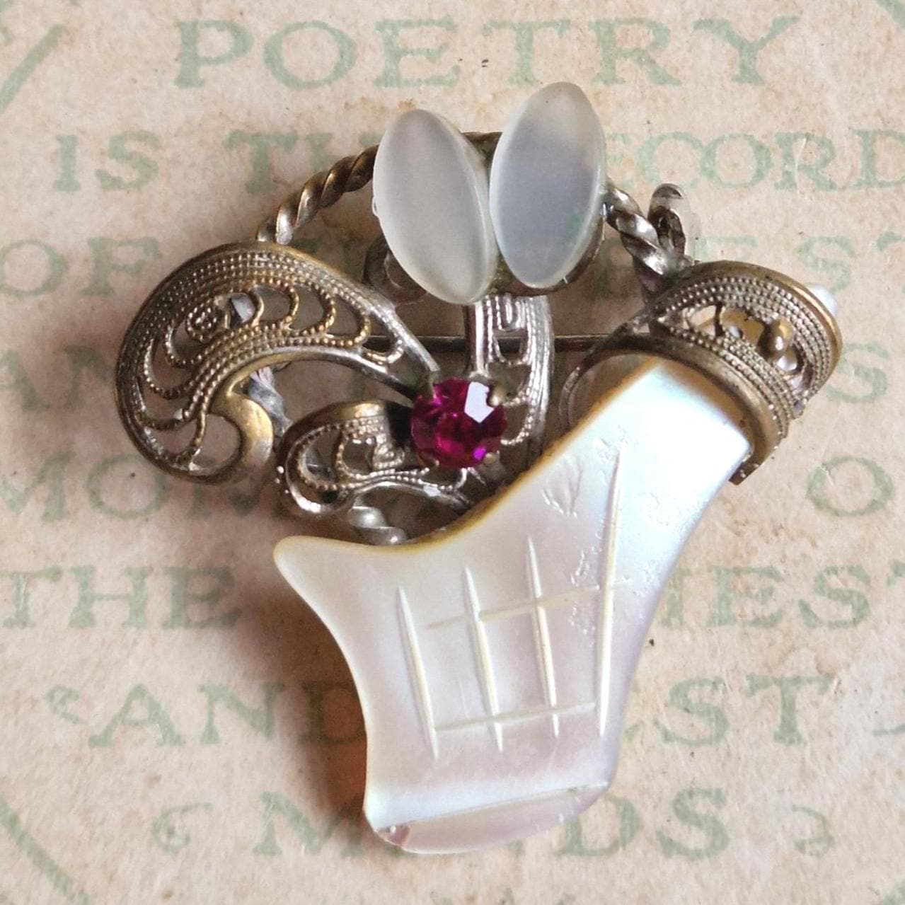 Vintage Mother of Pearl Floral Basket Brooch – 1950s Filigree