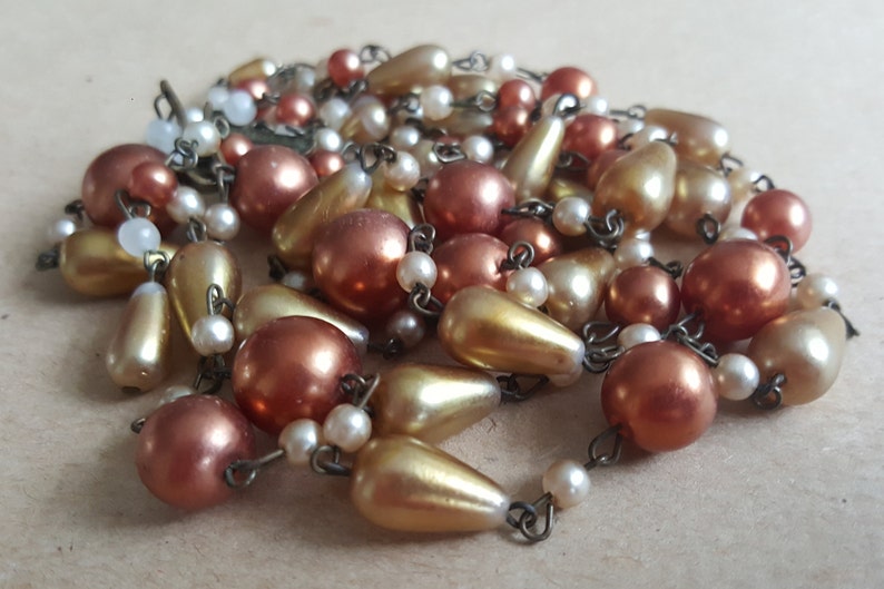 Vintage Multi-strand Necklace Gold Copper Faux Pearl Glass Beads 1950s