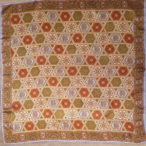 Vintage 1960s-70s Olive Orange Blue Geometric Floral Acetate Scarf | 68 cm