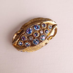 Vintage Iris Glass Leaf Brooch | Gold-Tone Mid-Century Sparkle | Rainbow Rhinestone Costume Jewellery