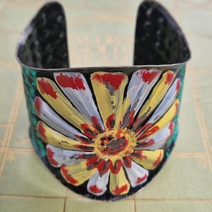 Vintage 1980s Indian Metal Colourful Painted Floral Cuff