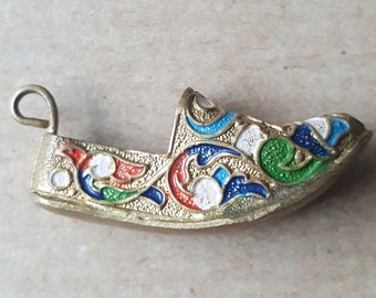 Vintage Brass Charm Indian Slipper Shoe enamelled Charm Multicoloured