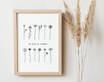 No Rain No Flowers Print - Home Print - Botanical Print - Stems - Typography Print - Quote Prints - Wall Art - Modern Home Prints - B&W