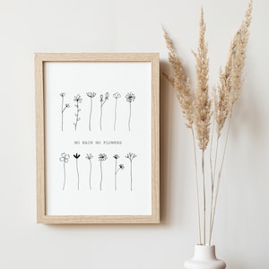 No Rain No Flowers Print - Home Print - Botanical Print - Stems - Typography Print - Quote Prints - Wall Art - Modern Home Prints - B&W