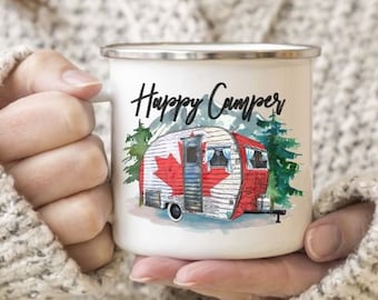 Happy Camper, Happy Camper Mug,Canada, Canadian Flag, Vintage Trailer, Camping Decor, Enamel Mug, Camping Gear, Glamping, RV, Mountains