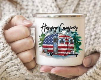 Happy Camper, Happy Camper Mug, Patriotic Mug, USA mug, Vintage Trailer, Enamel Mug, Camping Mug, Metal Mug, Gifts for Campers, Camping Gear