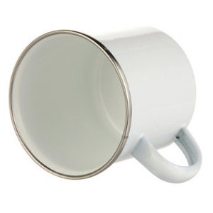May include: White enamel mug with a silver rim and a white handle.
