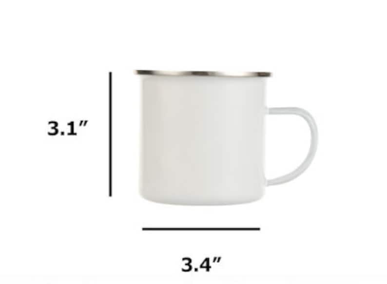 May include: White enamel mug with a silver rim and handle. The mug is 3.1 inches tall and 3.4 inches wide.