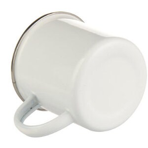 May include: White enamel mug with a silver rim and a handle. The mug is empty.