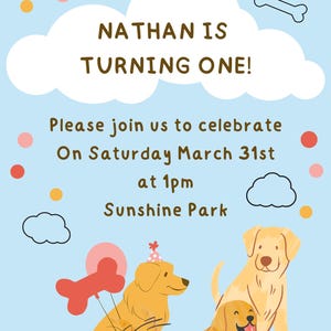 Invitation anniversaire 1 an thème chien • Carte digitale personnalisée à imprimer • Invitation numérique fête bébé fille ou garçon
