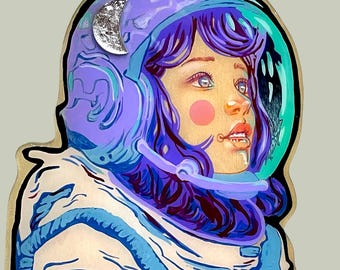 Space Girl #4 Cream, Fine Art Print, Space Art, White Astronaut Suit, Kid&#39;s Room Art, Bedroom Art, Space Decor, Astronaut Art