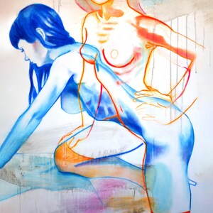 Colorful nude figure drawing of female kneeling 1 knee on table in two poses - 1 orange and 1 blue