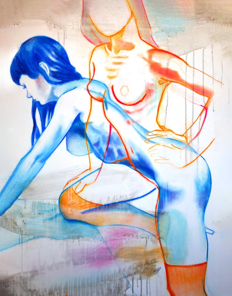 Colorful nude figure drawing of female kneeling 1 knee on table in two poses - 1 orange and 1 blue