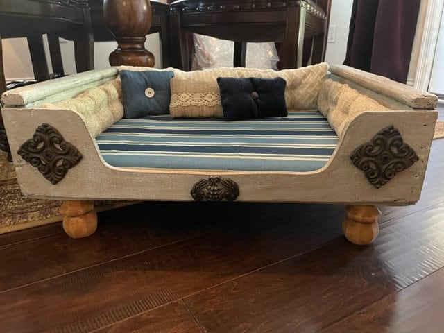 Pet Bed - Custom Designed - Handcrafted One of a Kind - Made from Re-purposed Wood Crate and Handmade Pillows