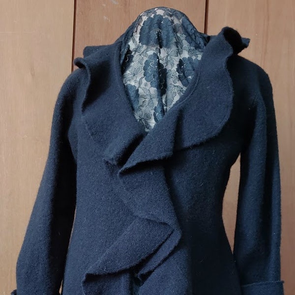 Black Felted Wool Ruffled Frock Coat