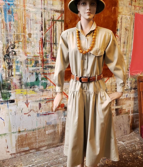 Vintage Khaki Full Midi Skirt Long Sleeve Shirt D… - image 4