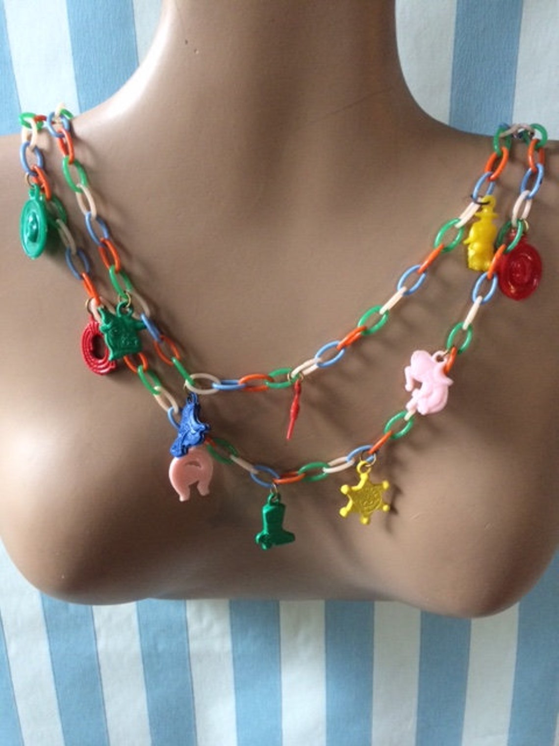 Vintage Colorul Early Plastic Charm Necklace With Cracker Jack Charms