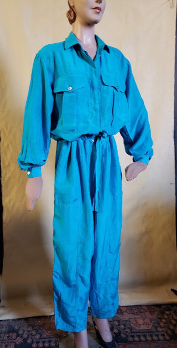 Fabulous 80's Peacock Blue Silk Jumpsuit