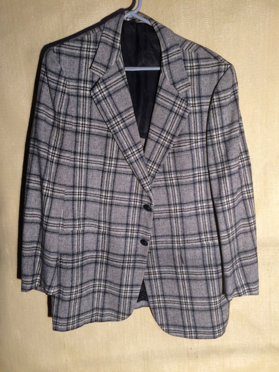 Vintage Grey Wool Bold Plaid Sport Coat 1970's Spo