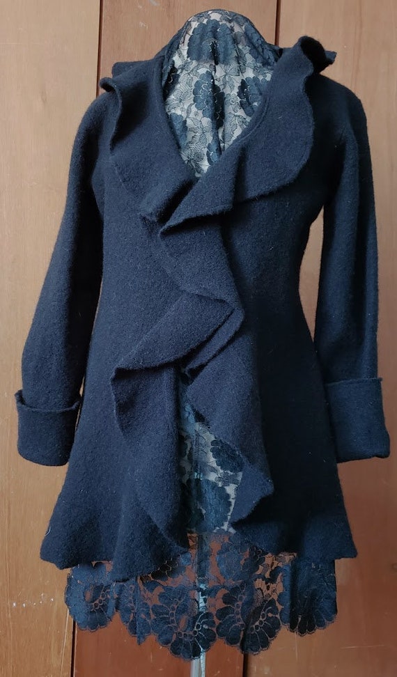 Black Felted Wool Ruffled Frock Coat