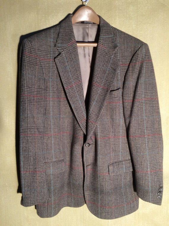 glen plaid wool jacket, brown w/ red and greens 42