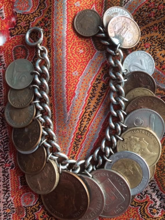foreign coins charm silver bracelet