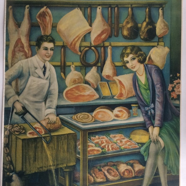 1920a advertising poster for butcher, risque humor illustration