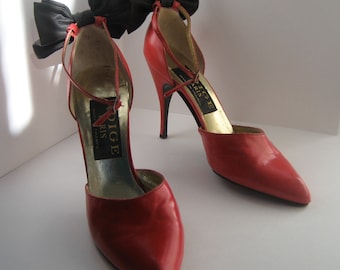 Vintage Red Stiletto Heels: Adige Paris, Black Bow Detail, Size 8-8.5