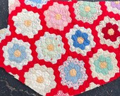 Vintage Hexagon Quilt - Large Piece for Crafting and Sewing Projects - Sweet Feedsack Prints with a RED Garden Path - AA