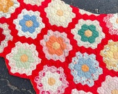 Vintage Hexagon Quilt - Large Piece for Crafting and Sewing Projects - Sweet Feedsack Prints with a RED Garden Path - BB