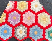 Vintage Hexagon Quilt - Large Piece for Crafting and Sewing Projects - Sweet Feedsack Prints with a RED Garden Path - CC