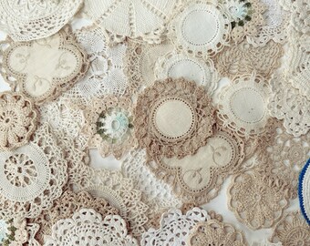 Slow Stitching Antique & Vintage Lace - 60 Hand Made Small Lace Doilies Embellishments - Junk Journals - Collage - Mixed Media and More