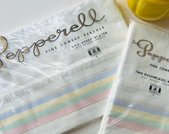 Vintage 70s RAINBOW Edge Full  Flat Sheet and Pair of Pillow Cases - New Old Stock - Lady Pepperell - Origjnal Packaging - So Lovely!