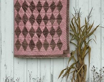 Large Antique Late 1800s Cutter Quilt Piece - Strawberry Pink & Madder Brown - Harlequin Diamond Pattern