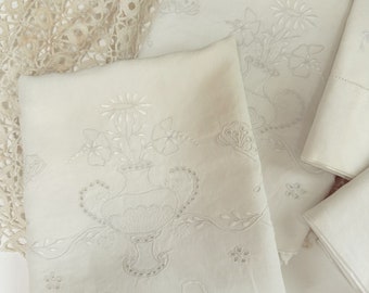 Vintage White Cotton Pillow Cases -  2 Pairs - Vintage Embroidery - His & Hers