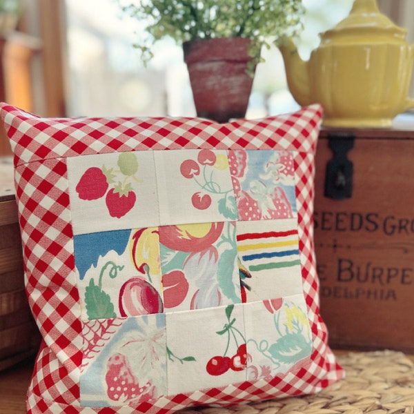 Farm Fresh Vintage Tablecloth Snippets Pillow - Newly Made with Authentic 40s &  50s Vintage Tablecloth - Sweet as Spring Time !