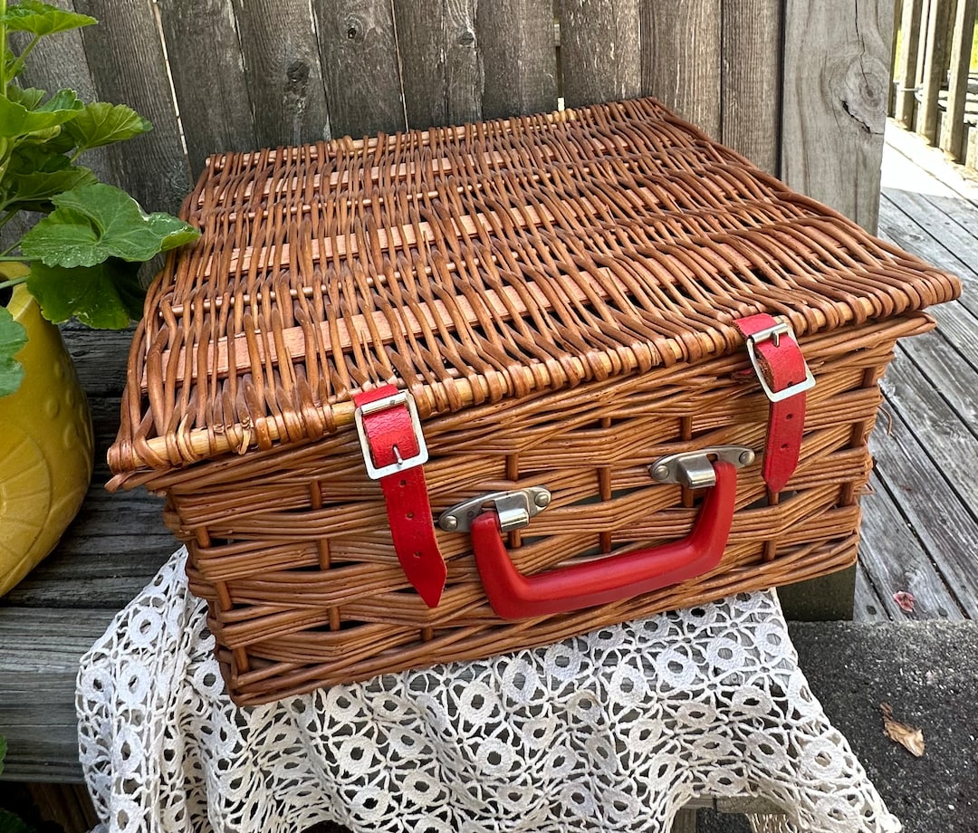 Vintage English Brexton Picnic Basket & Contents Red Leather Straps Red