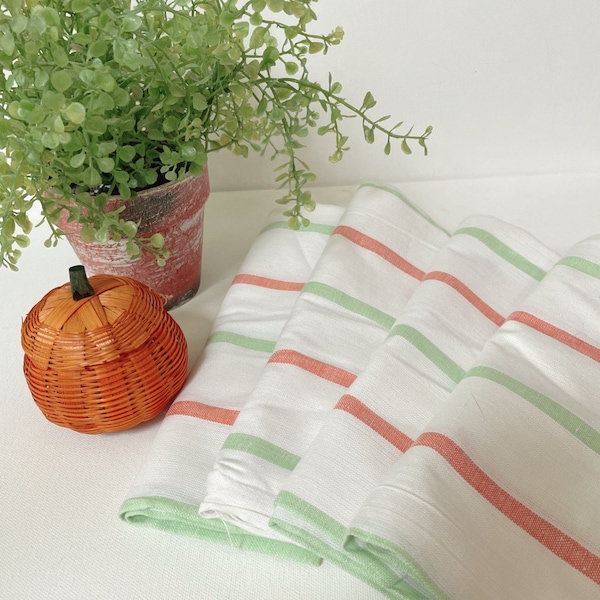 4 Vintage Pumpkin & Mint Green STRIPES Linen Dish Towels - Unused - New Old Stock
