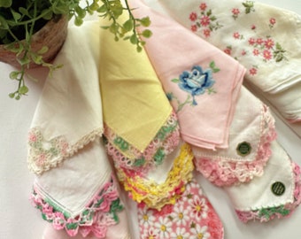 Vintage Hankies - A Dozen Sweet Pink Cottage Florals - Vintage Embroidery - Printed & Lace - 12 Beauties!