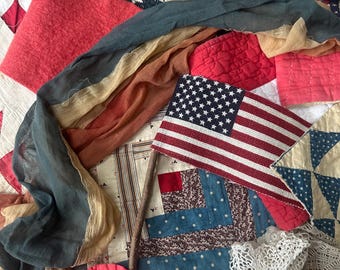 Antique Vintage Cutter Quilt & Textiles  Large Patriotic Bundle for Crafting Creating - Early Gauze Bunting - Lace Wool Flags - Americana