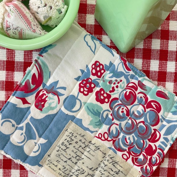 Vintage Tablecloth MUG RUG - Snack Mat - Vintage Recipe Card - Cherries - French Blue & White - Red Strawberries