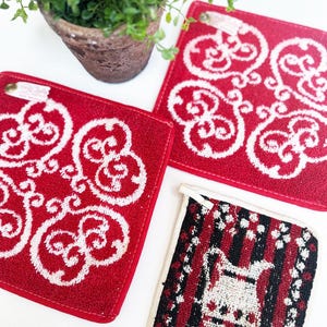 Trio of Vintage 50s Red Terry Potholders - Kitschy & Fun Kitchen Ware