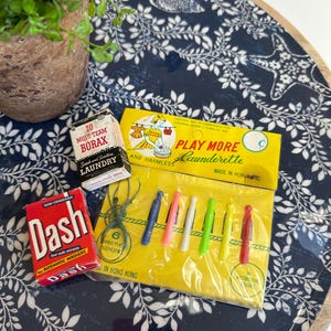 Vintage Toy Laundry Clothesline - Clothespins & Detergent - Play More Launderette for Dolly !