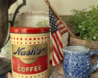 Vintage 1940s  Nash's Coffee Red & White One Pound Polka Dot Tin - Kitschy and Fun! Mid Century Red Kitchen Decor